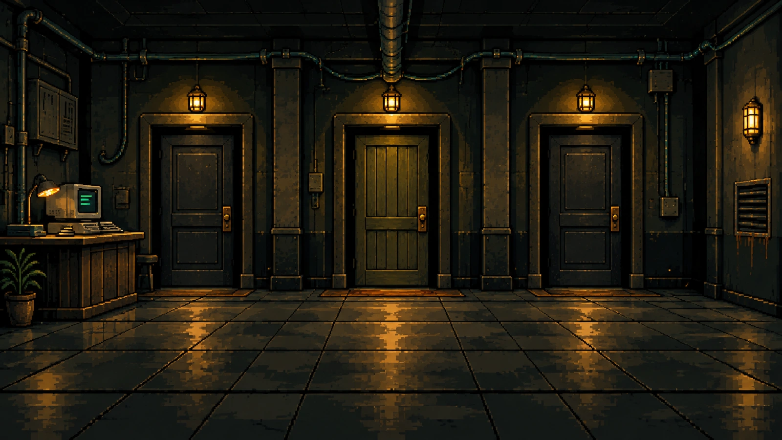 A dark pixel corridor. A forgotten green terminal at reception. Three doors lit by amber lamps.